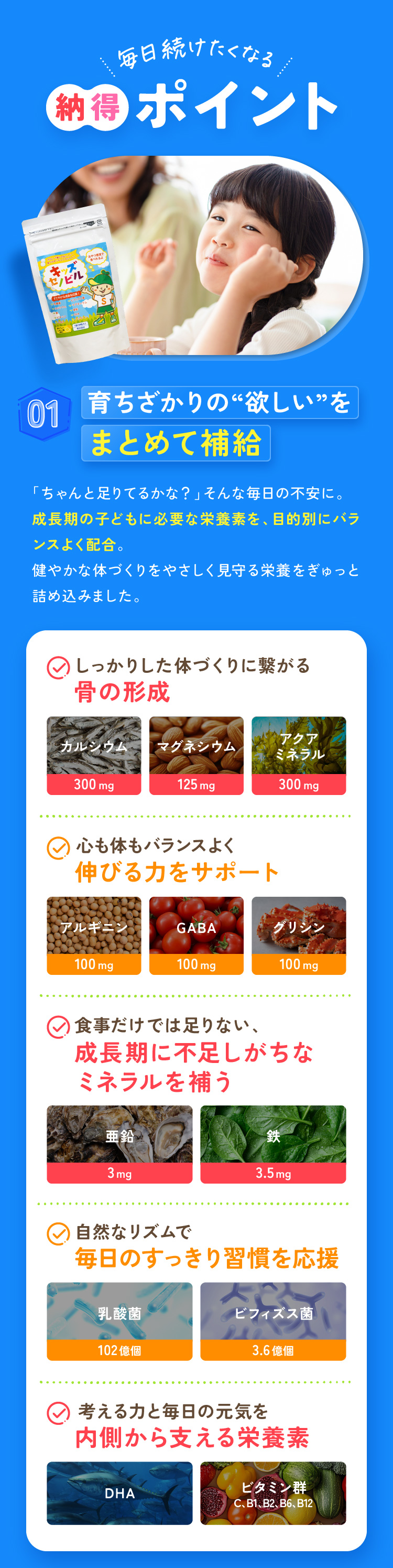 毎日続けたくなる納得ポイント 1.育ちざかりの“欲しい”をまとめて補給