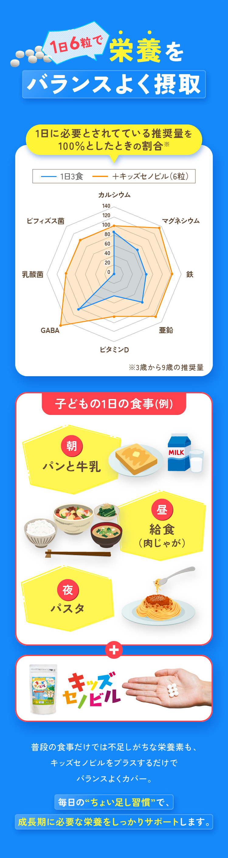 1日6粒で栄養をバランスよく摂取1日に必要とされてている推奨量を100％としたときの割合※